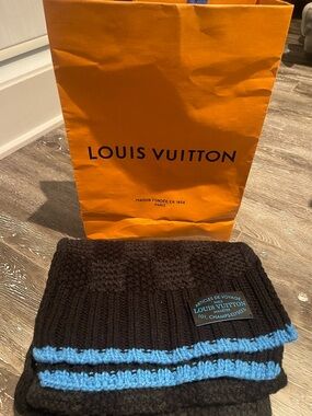 Louis Vuitton Black Knit Scarf with Light Blue Stripes